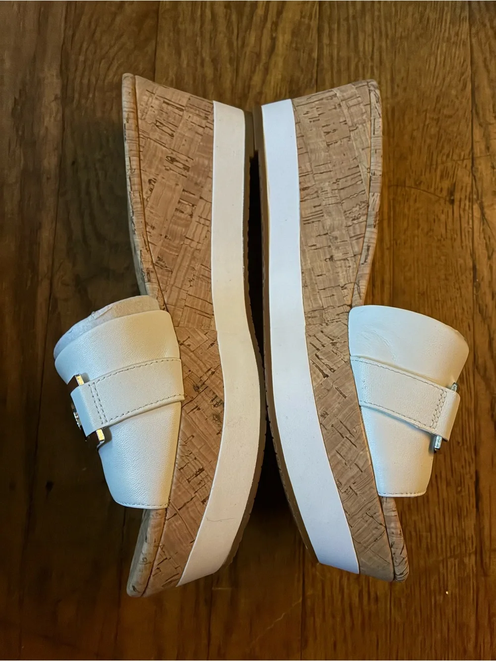Michael Kors White Leather Cork-Trim Logo Slide Sandals